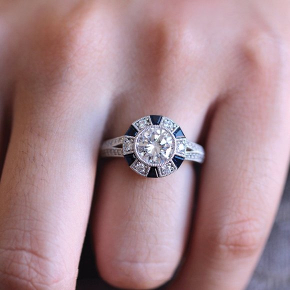 NEW 925 Silver Diamond Sapphire Art Deco Ring - Picture 3 of 5